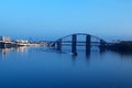 KYIV, UKRAINE Ã¢â¬â 16 November 2016: Morning view to the unfinished bridge. City landscape. Motor boat floats on the Dnieper Royalty Free Stock Photo